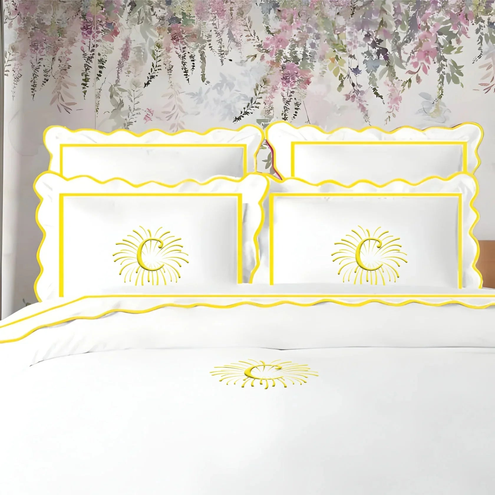 Monogram 400TC Cotton Scallop Embroidery & Border Sateen Solid Duvet Cover Set PushpLinen