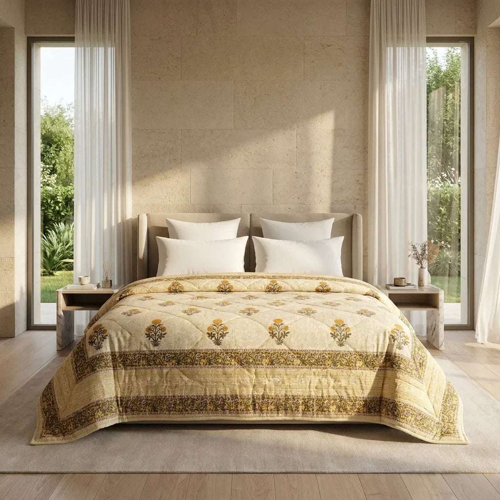 Light Grey & Charcoal Jaipur Indian hand block print floral quilted comforter | Jaipur Indian hand block print cotton muslin quilted comforter | Sanganer floral block print bedding | Queen King size quilt India | House of Avana [[SKU:HOA-COM-LGCG-017]]