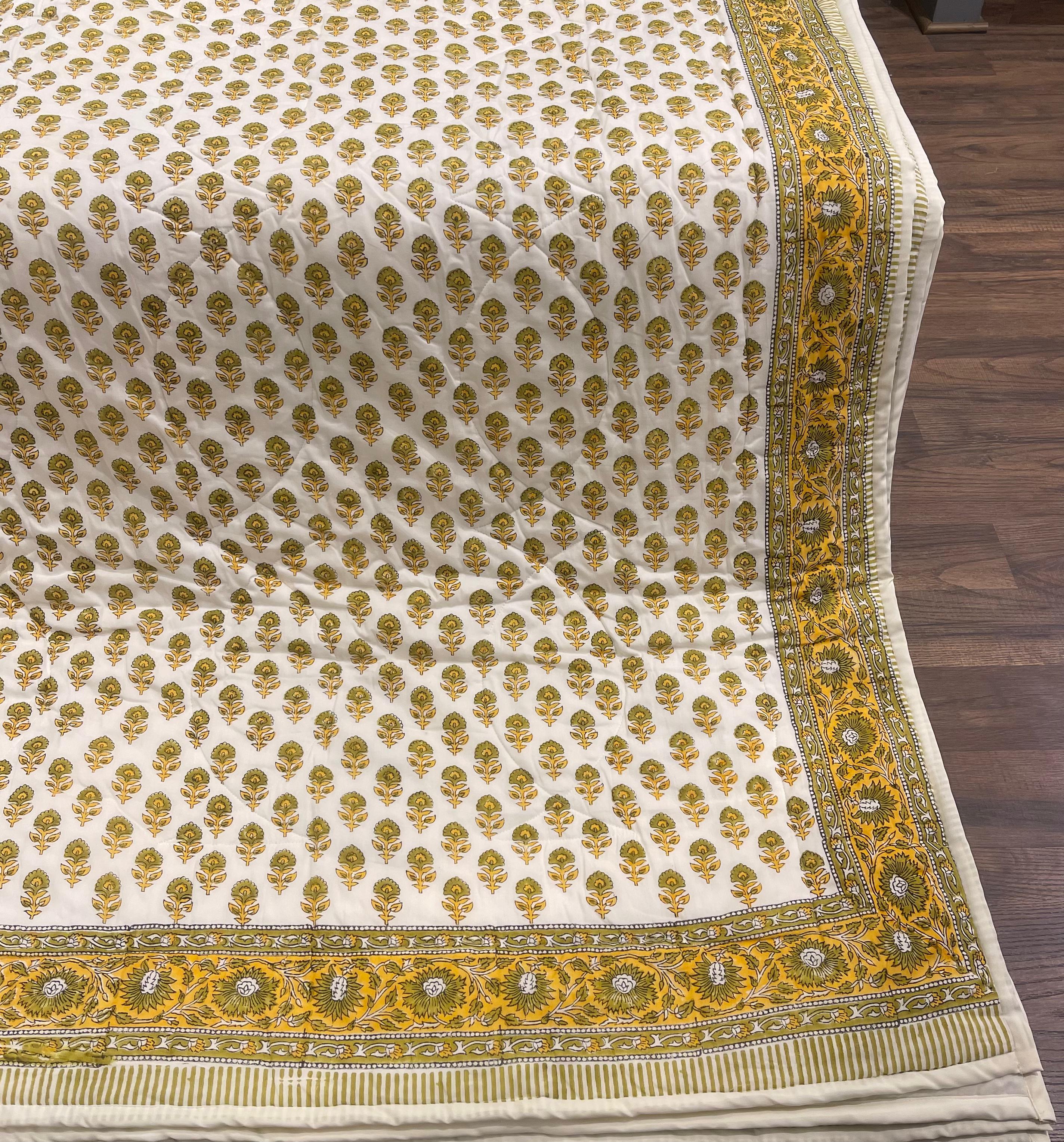 Cream & Mustard Yellow Jaipur Indian hand block print floral quilted comforter | Jaipur Indian hand block print cotton muslin quilted comforter | Sanganer floral block print bedding | Queen King size quilt India | House of Avana