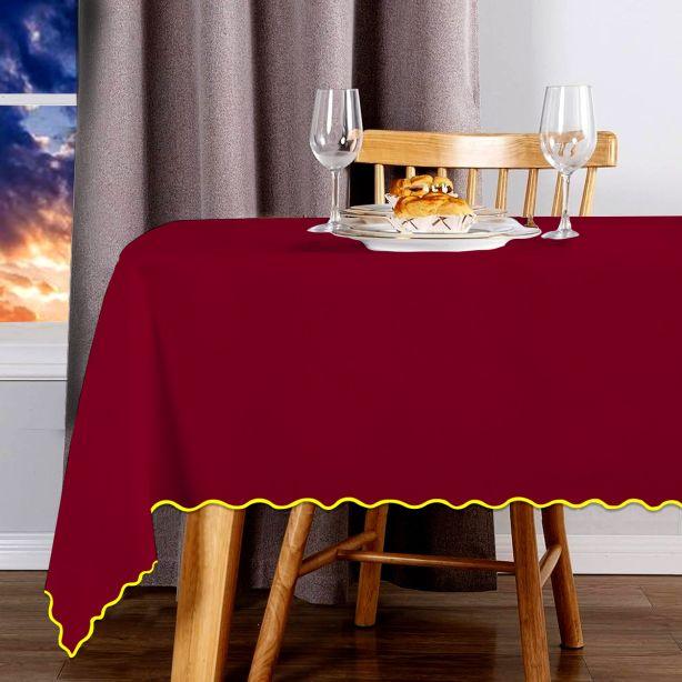 Scallop Embroidery Sateen Cotton Solid Table Cloth - Burgundy PushpLinen