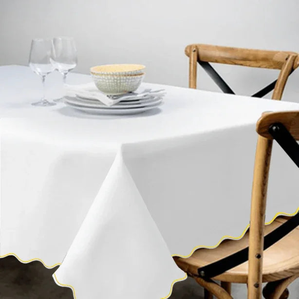 Scallop Embroidery Sateen Poly Cotton Solid Table Cloth PushpLinen