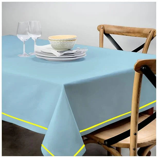 Single Embroidery Border Sateen Cotton Solid Table Cloth - Light Blue PushpLinen