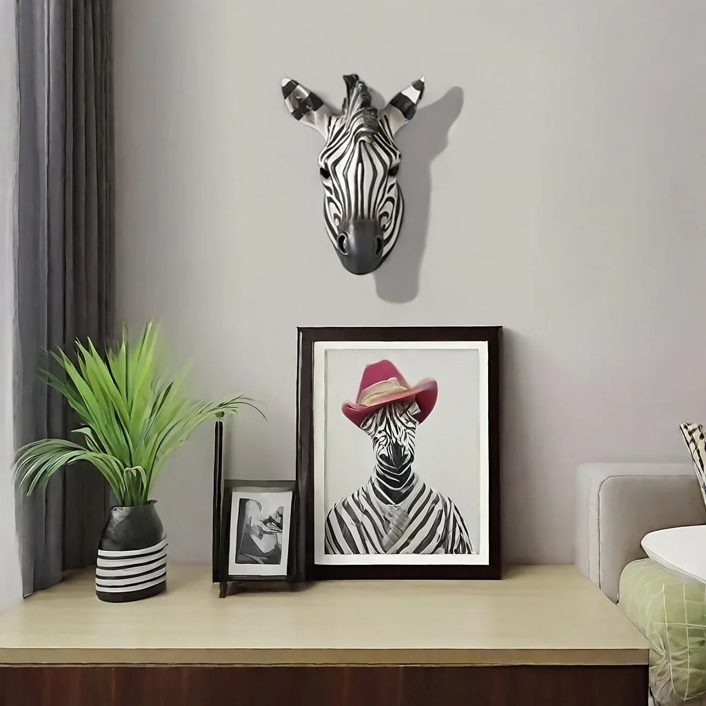 Hand-Painted Resin Boho Style Zebra Head Wall Hanging - Electricity-Free, Nordic Simple Design, No Feathers, Housewarming Gift for Home Decor - House Of Avana