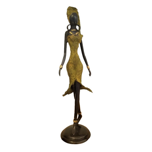West African Vintage Hand Cast Bronze Figurine of a Female Dancer in Yellow Dress from Burkina Faso L15cm x W15cm X H35cm