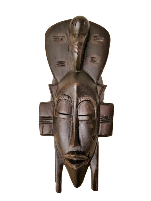 West African Vintage Tribal Ivory Coast Small Brown Senufo Passport Mask with Kalao Wings headdress L06cm x W04cm x H12cm - Mask Wall Decor