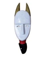 Hand sculpted painted white African mask with golden horns