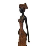West African Vintage Hand Cast Bronze Figurine of a Pregnant African Woman in a Rust Colored Dress from Burkina Faso