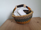 Hand-Woven Bolga Basket with Black Leather Handle from Ghana