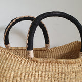 Elegant Hand-Woven Bolga Basket with Black Leather Handles from Ghana