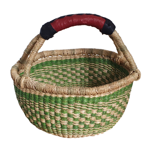 Round Green Bolga Basket with Red Leather Handle | House Of Avana