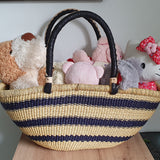 Bolga Basket with Blue Pattern and Black Handles | House Of Avana