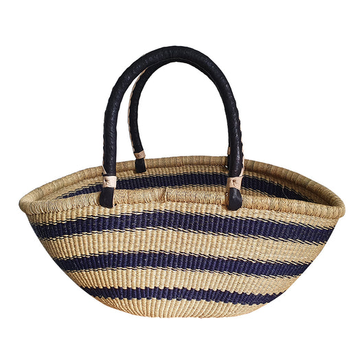Bolga Basket with Blue Pattern and Black Handles | House Of Avana