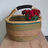 Round Bolga Basket with and Black Leather Handle | House Of Avana