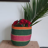 Hand-Crafted Bolga Basket in Green, Pink and Orange | House Of Avana