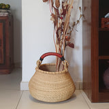 Elegant Round Bolga Basket with Red Leather Handle | House Of Avana