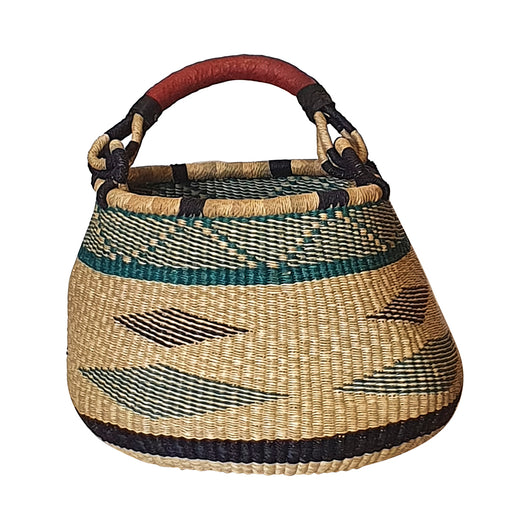 Round Bolga Basket with Blue Pattern and Red Handle | House Of Avana