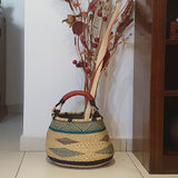 Round Bolga Basket with Blue Pattern and Red Handle | House Of Avana