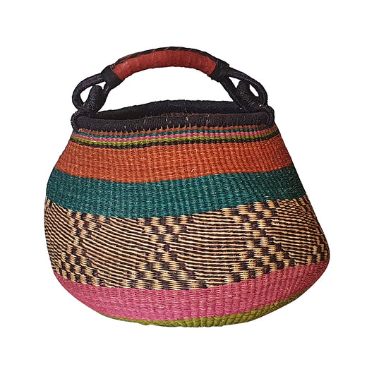 Colorful Round Bolga Basket with Red Leather Handle | House Of Avana