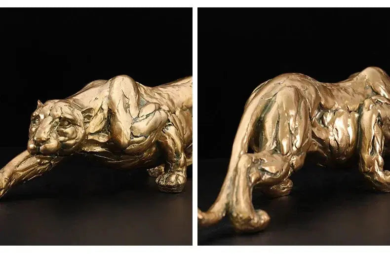 Gold panther sculpture with sleek muscular design and detailed textured surface abstract gold panther figurine