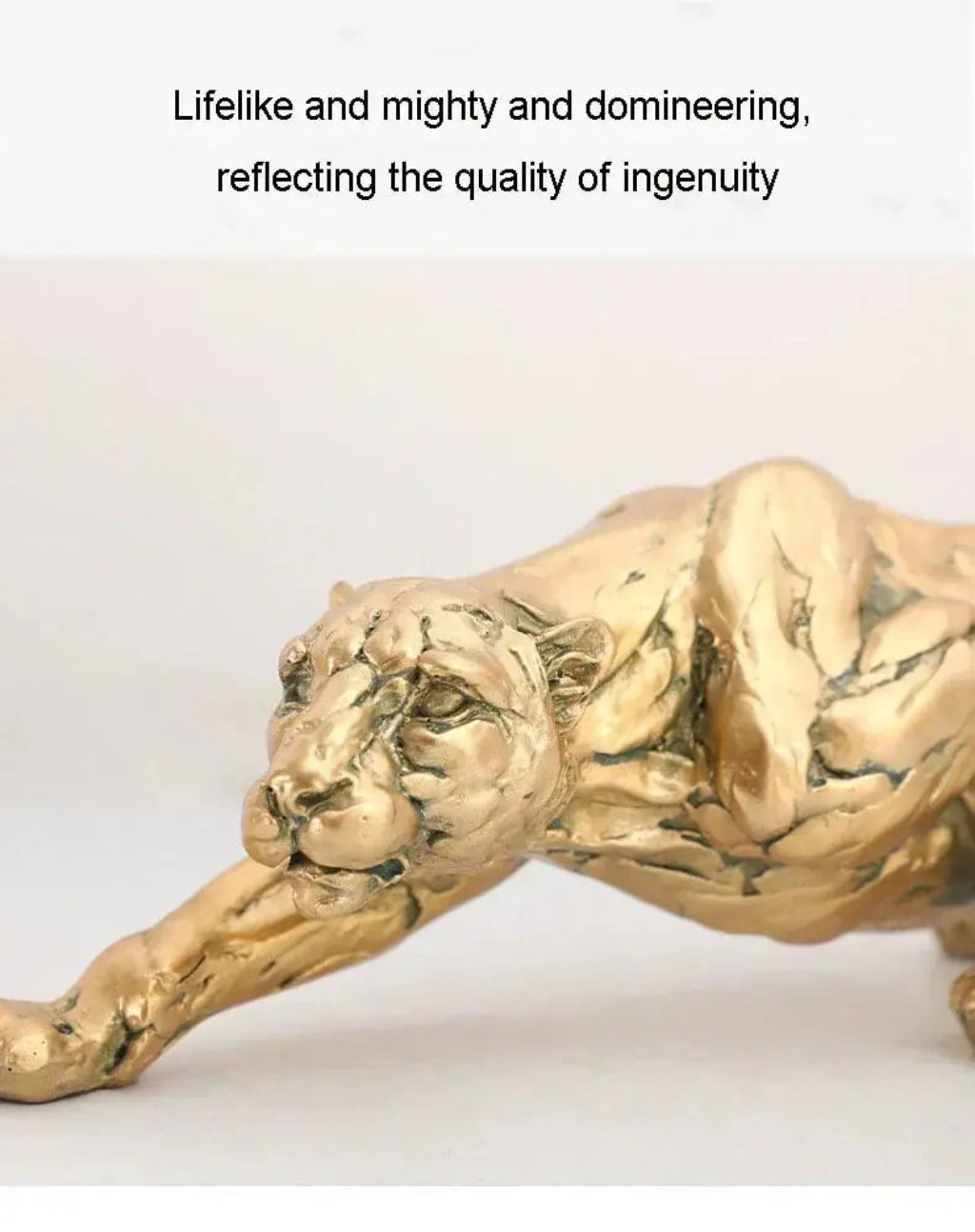 Golden metallic panther sculpture with lifelike details in a dynamic crouching pose abstract gold panther figurine