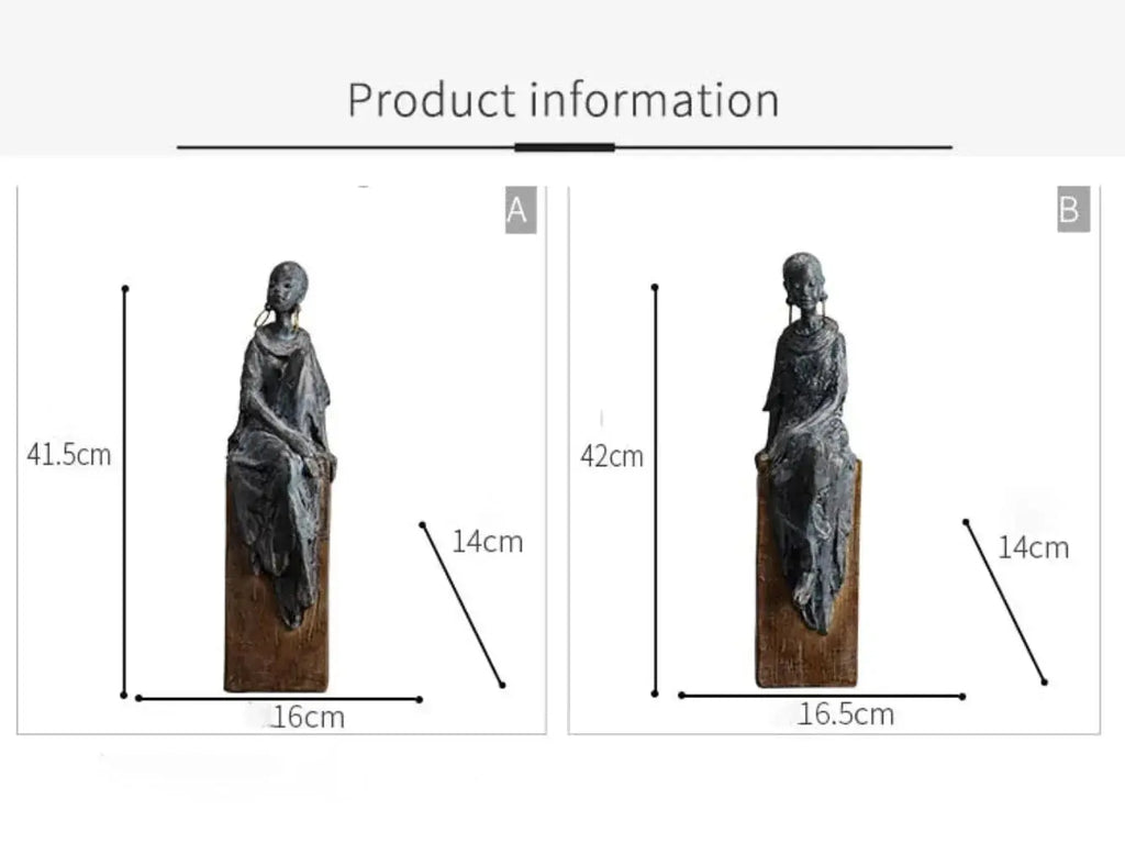 Dark bronze african women sculpture figurine seated with draped fabric on wooden base representing african societies decor
