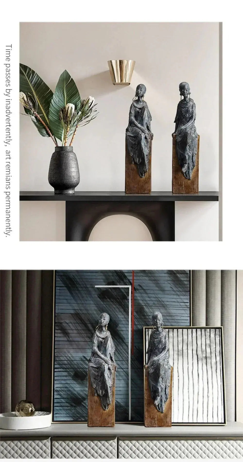 Two dark bronze african women sculpture figurines with draped fabric on wooden bases for cultural decor
