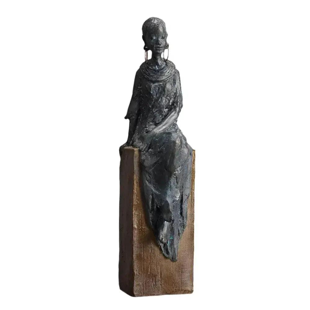 Bronze african women sculpture figurine of seated woman with detailed features on wooden base for cultural decor