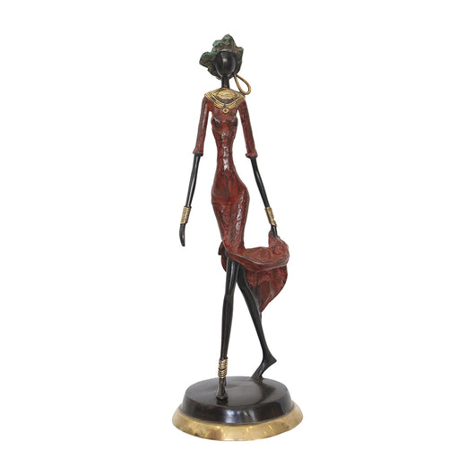 African Elegant Bronze Female Figurine  in Red Dress | House of Avana