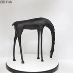 Modern minimalist black horse sculpture with slender legs and curved neck on a white circular base