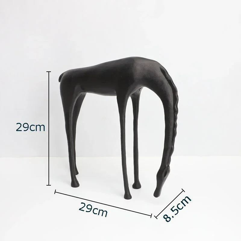 Modern minimalist black horse sculpture featuring a black matte-finished giraffe design with slender legs and graceful neck