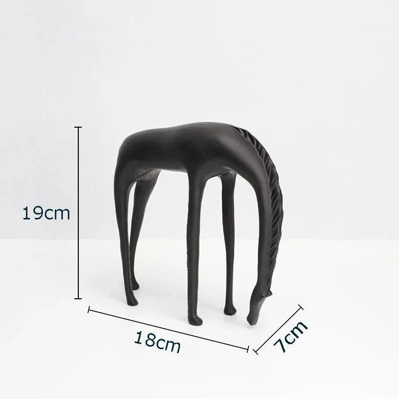 Modern minimalist black horse sculpture with matte finish, stylized elongated legs, and textured mane figurine