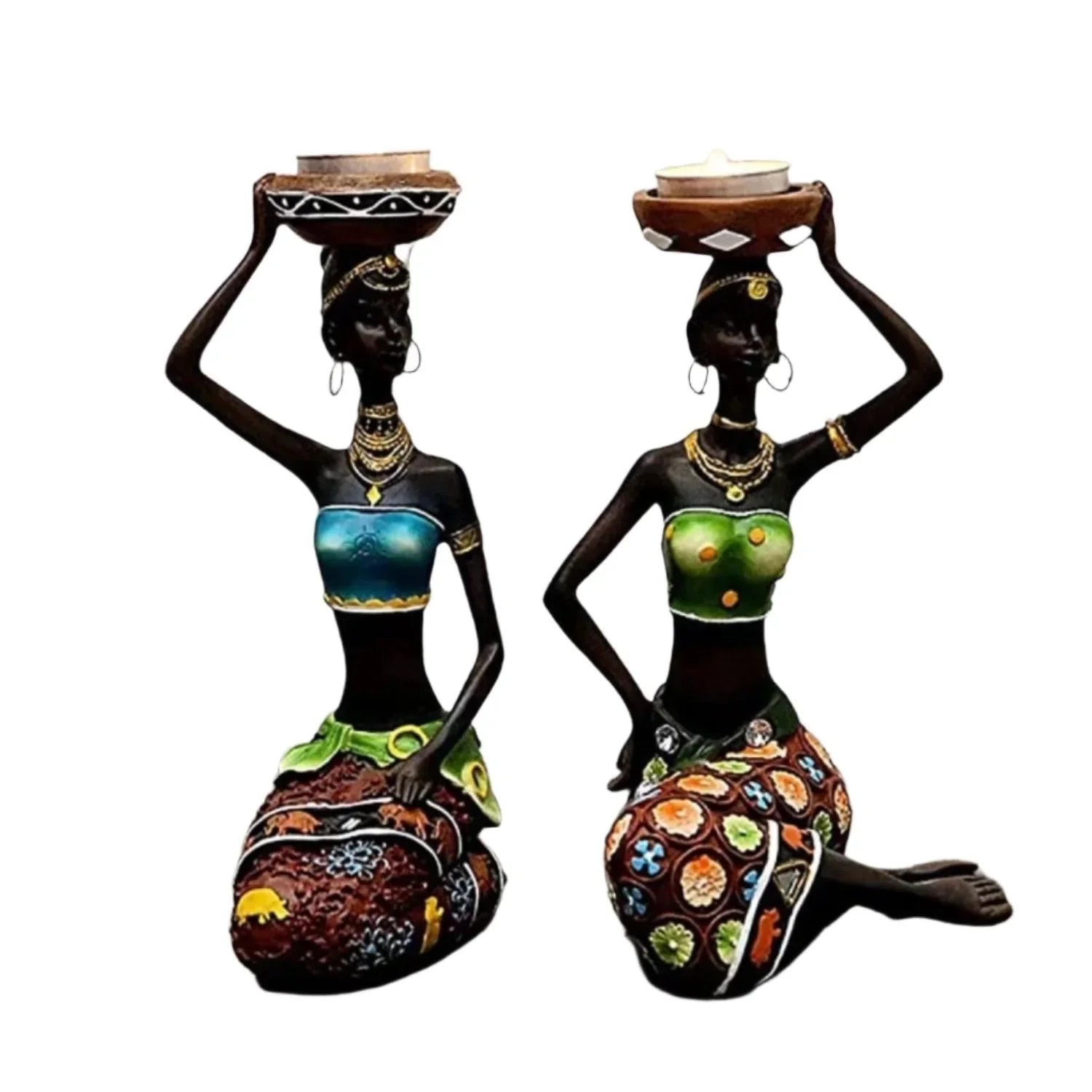 Two detailed resin tribal lady figurines candle holder with turquoise gold and green floral bowls on minimalist iron base
