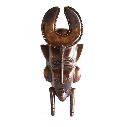 West African Acajou Wood Hand Carved Akan Mask with U-Shaped Headgear L18cm x W10cm x H40cm- Mask Wall Decor