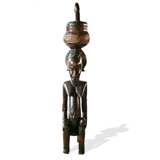 West African Vintage Traditional Baule Ethnic Hand Carved Female Statue Peau or Bowl Floor Sculpture L22cm x W22cm x H94cm