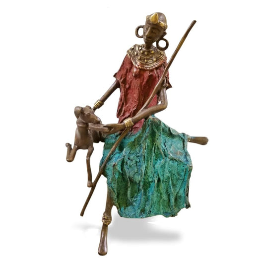 African Bronze Centerpiece | Masai Woman feeding her dog | House of Avana