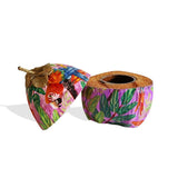 Stylized West African Stylized Red Parakeets Hand-painted on Natural Coconut Icebox L20cm x W20cm H25cm - Icebox for Kitchen & Dining, Serveware
