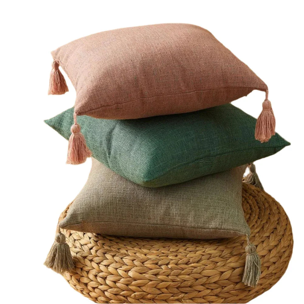 Solid Color Hemp Tassel Cushion Cover, front view - House Of Avana