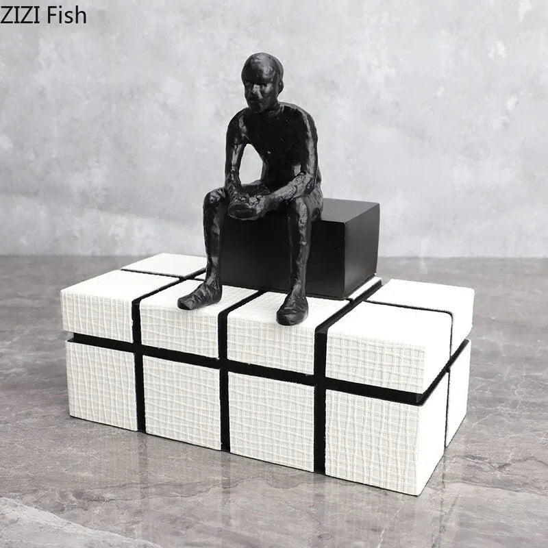 Bronze modern thinker statue, long-legged figurine, metallic finish - House of Avana