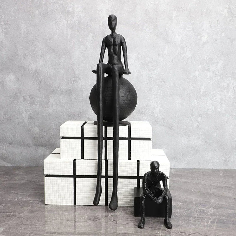 Bronze modern thinker statue, long-legged figurine, metallic finish - House of Avana