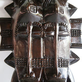West African Vinatge Tribal Double Faced Ivory Coast Senufo Twin Kpelie Mask with 2 Kalaos L21cm x W10cm x H39cm- Mask Wall Decor - Closeup