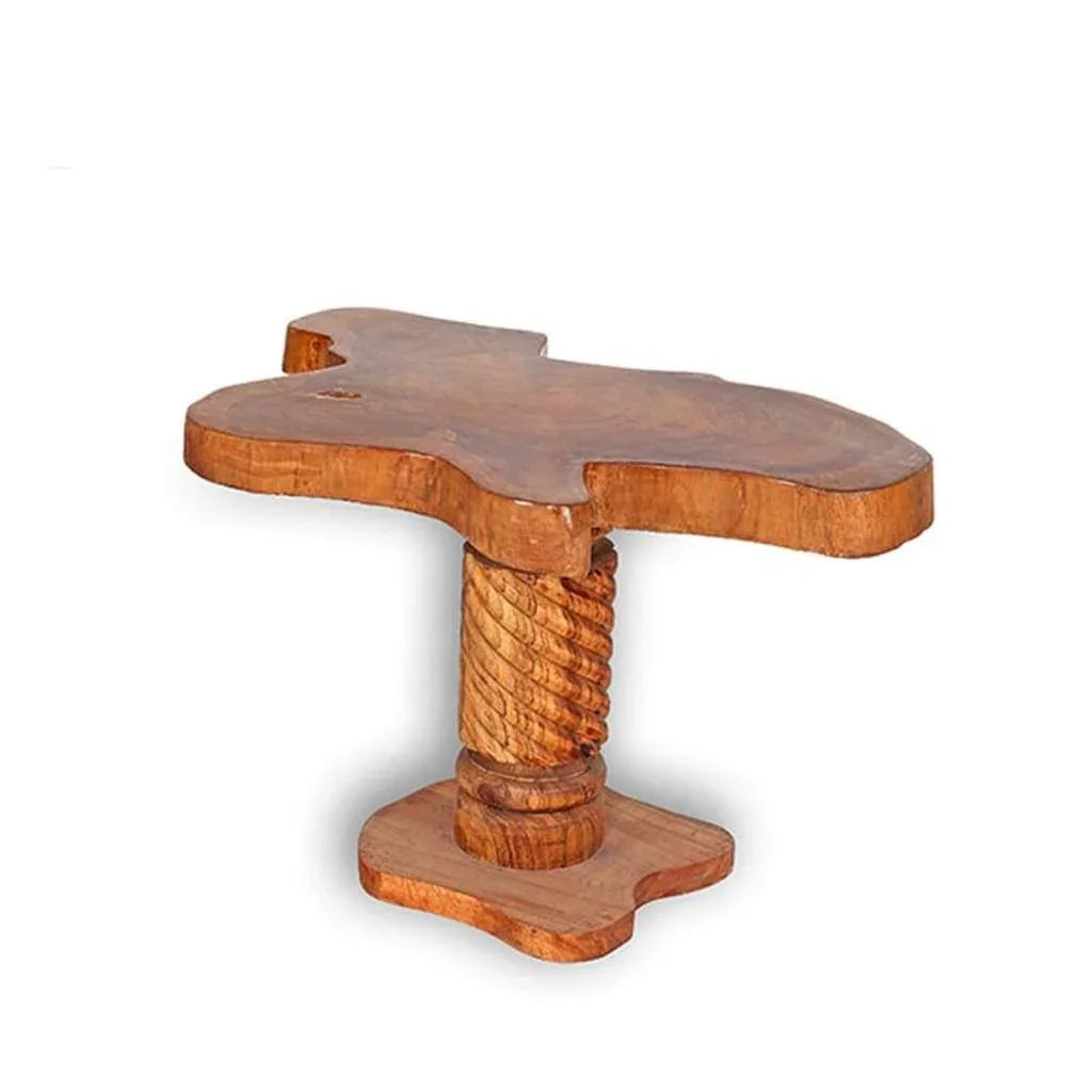 West African handmade teak wood accent table with carved twisted pedestal and organic-shaped top