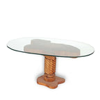 West African handmade teak living room accent table with glass top and carved wooden base
